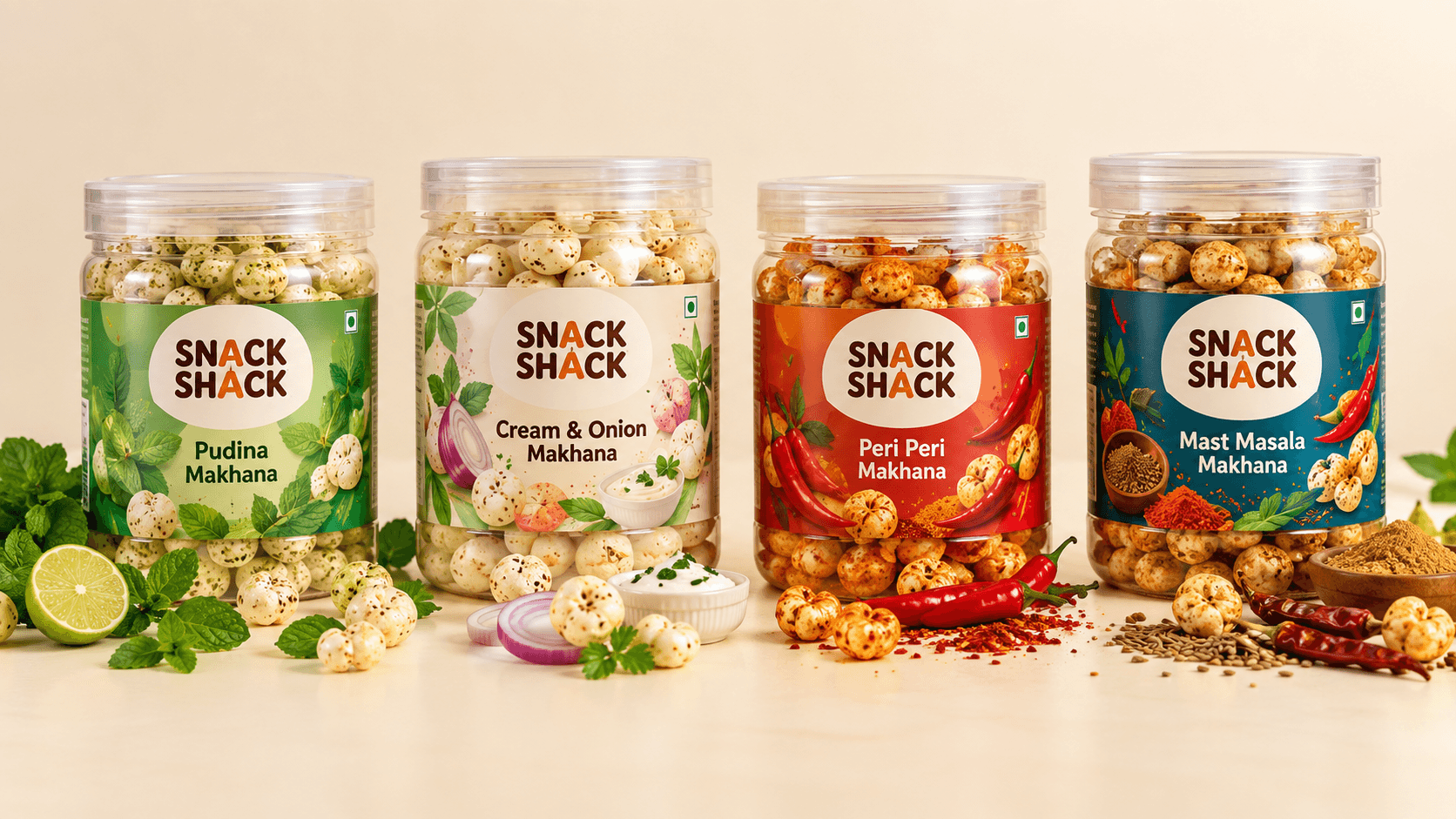 All four Snack Shack makhana jars lined up on a plain cream background with their signature ingredients scattered in front.