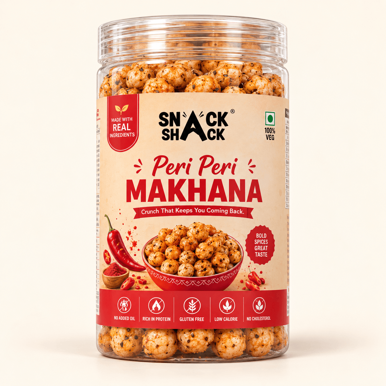 Snack Shack Peri Peri Makhana in a transparent cylindrical jar with a clear screw-on lid, shot on a plain cream background.