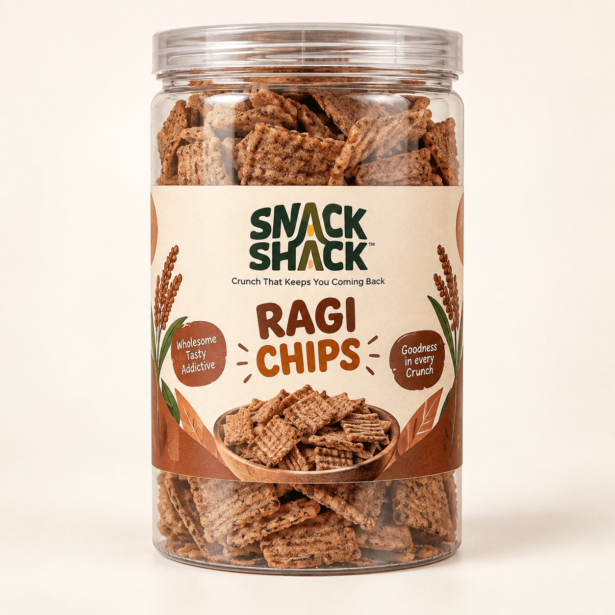 Concept jar for upcoming Snack Shack Ragi Chips — a transparent cylindrical jar of ragi chips on a plain cream background.