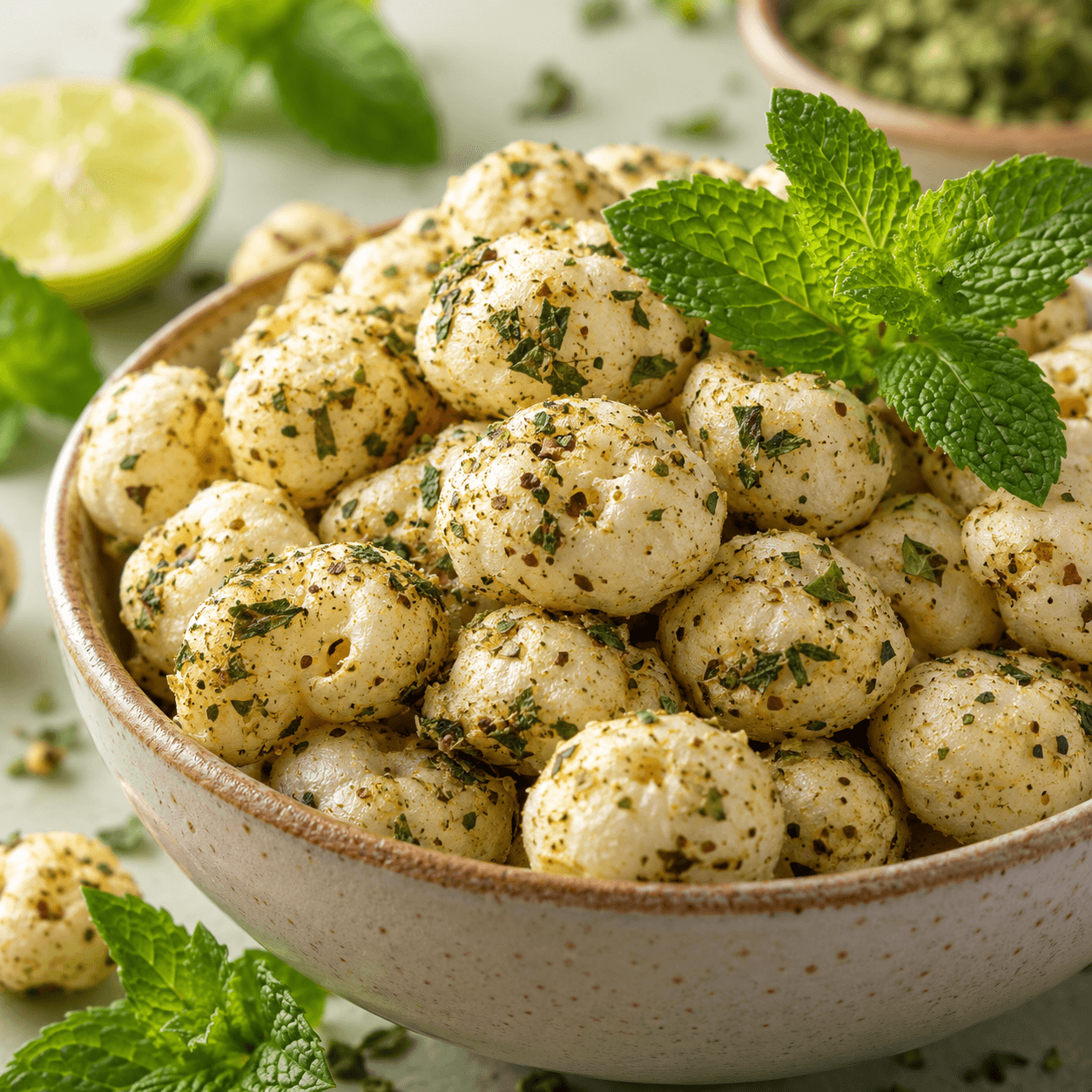 Close-up of Pudina makhana in a ceramic bowl with fresh mint sprigs and a lime wedge.