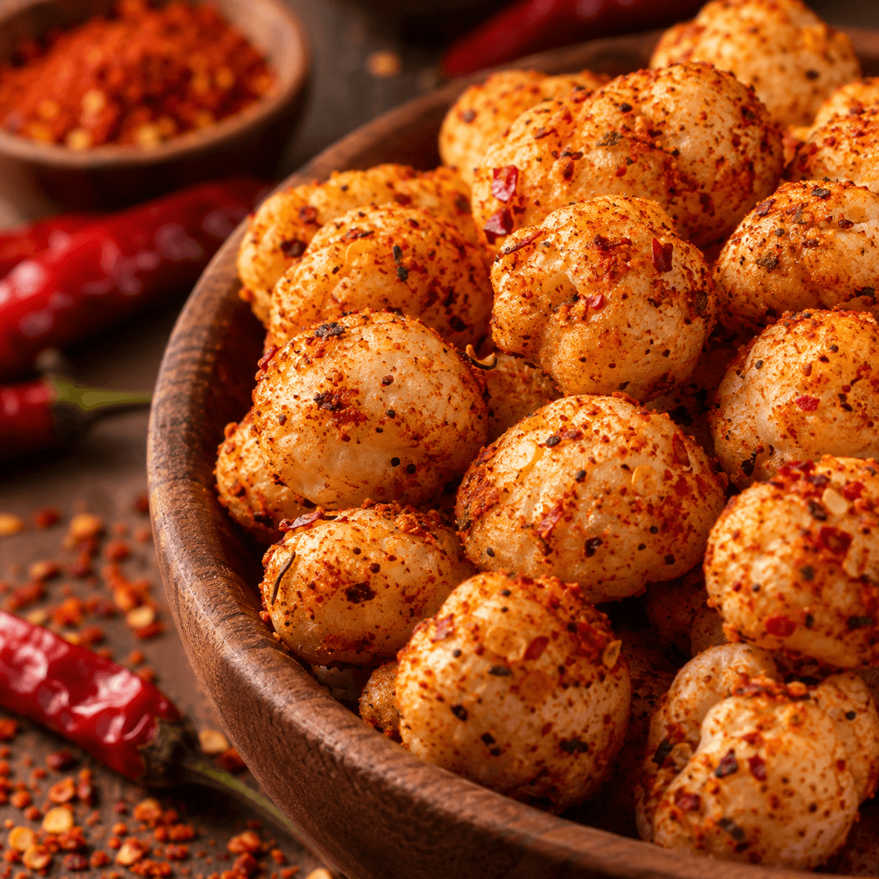 Close-up of Peri Peri makhana in a wooden bowl with whole red chillies and chilli flakes.