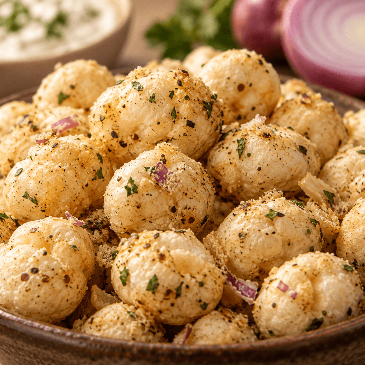 Close-up of Cream & Onion makhana in a bowl with red onion and a creamy dip behind.