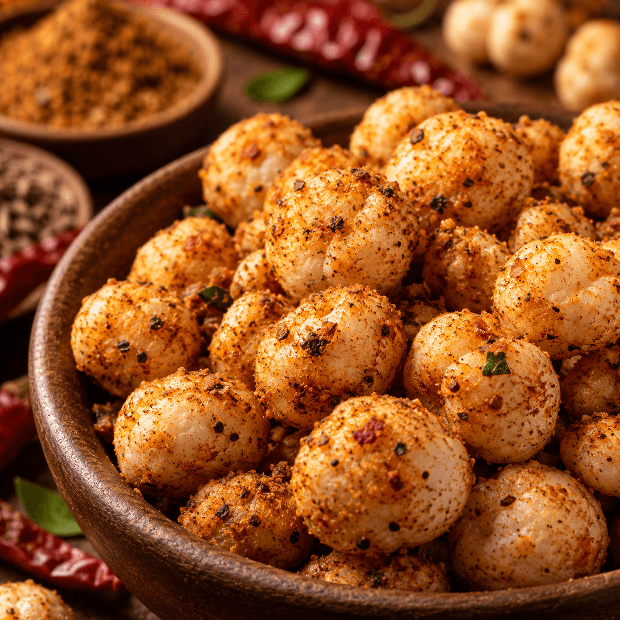 Close-up of Mast Masala makhana in a dark wooden bowl surrounded by bowls of ground masala and whole spices.