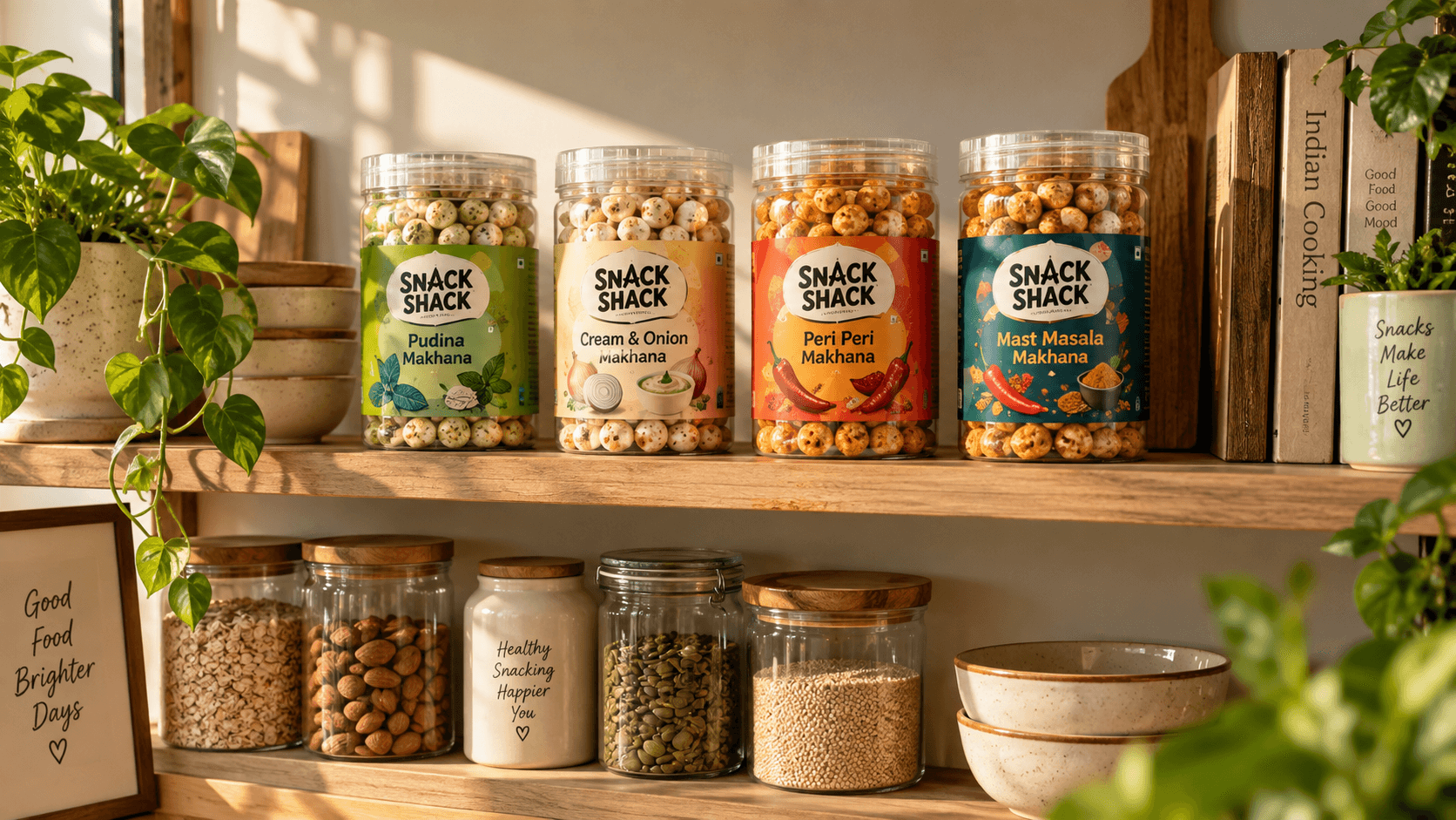 The four Snack Shack jars lined up on a sunlit wooden kitchen shelf above pantry jars of grains and pulses.