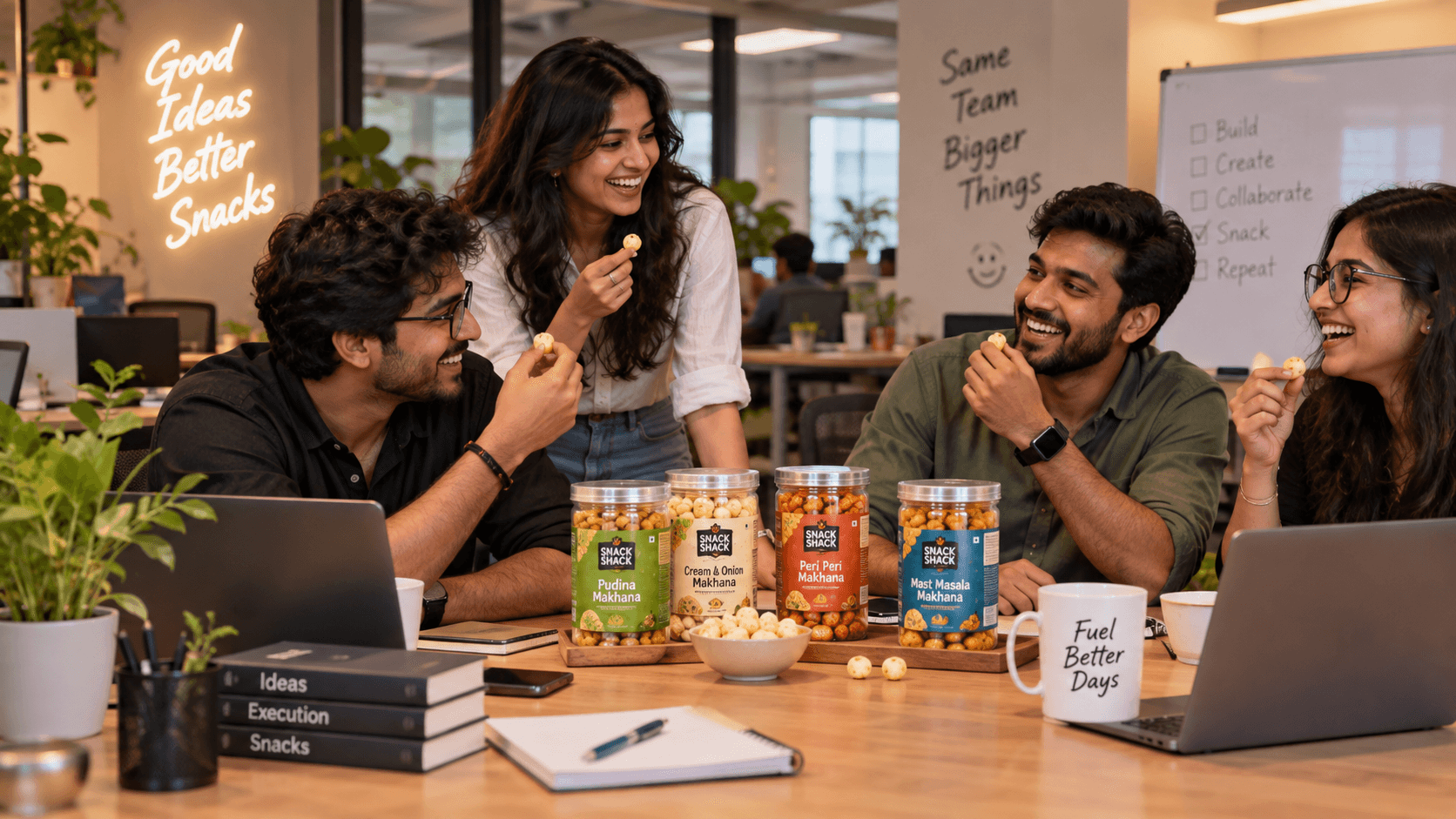 Four colleagues laughing around an office desk sharing Snack Shack makhana between laptops.