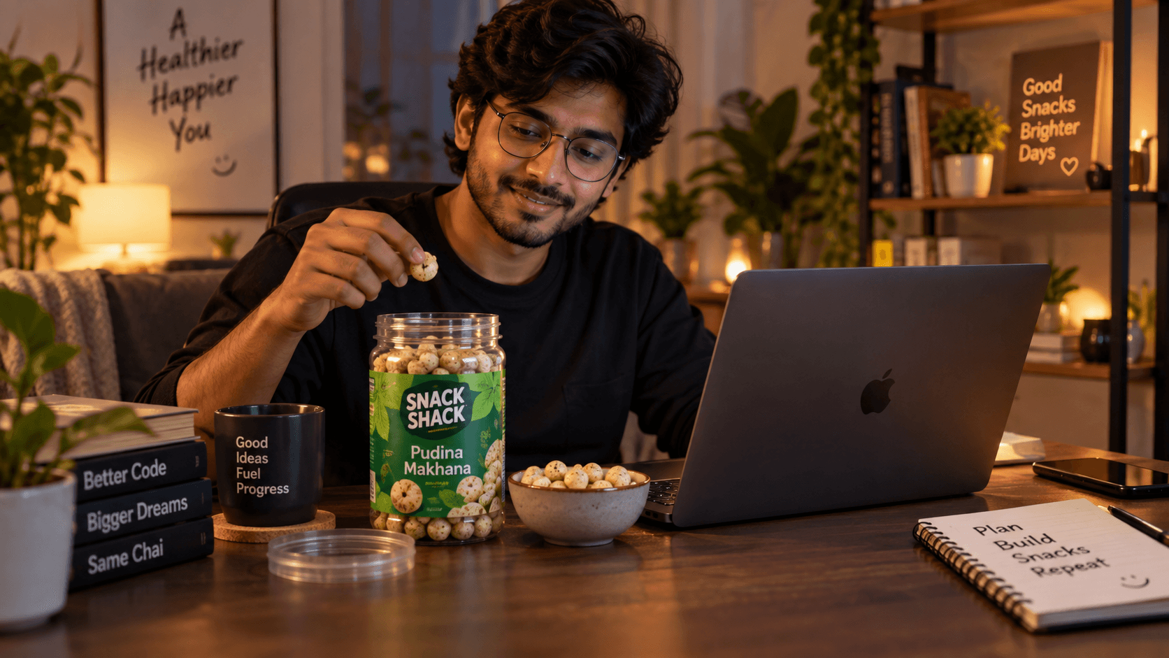 A man working late at a laptop reaching into a jar of Snack Shack Pudina Makhana in a warmly lit room.