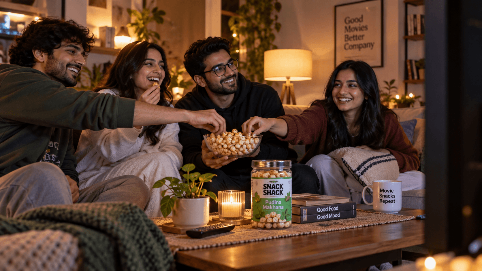Four friends on a sofa on movie night sharing a bowl of makhana, a Snack Shack Pudina jar on the table.