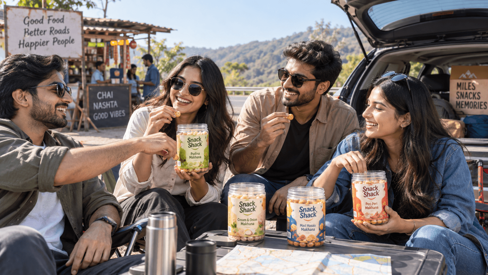 Friends sitting in an open car boot on a hillside road trip, holding Snack Shack jars and snacking.