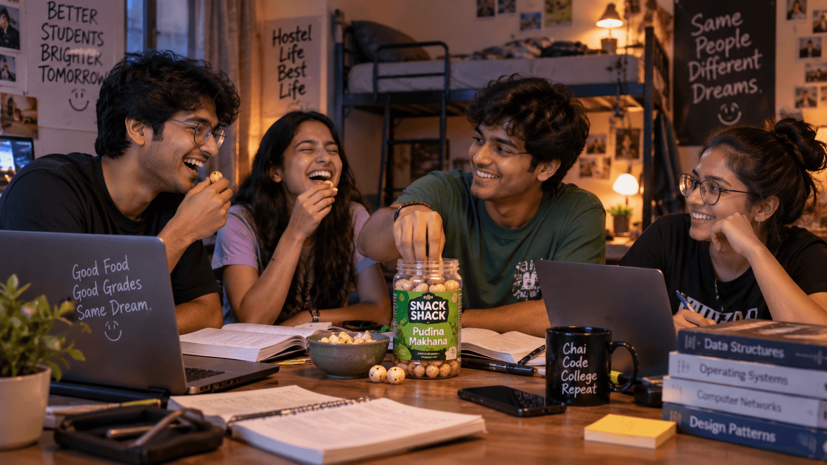 Students laughing during a late-night hostel study session with a Snack Shack Pudina jar among their books and laptops.