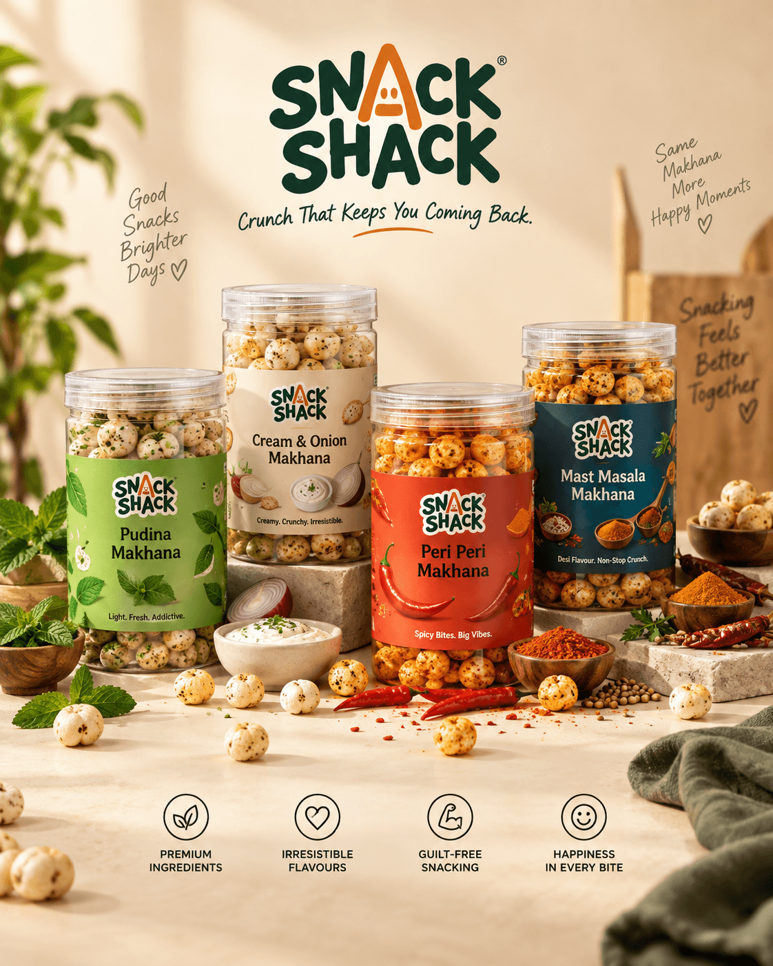 Snack Shack brand key visual: the four makhana jars beneath the Snack Shack logo and the line 'Crunch That Keeps You Coming Back.'
