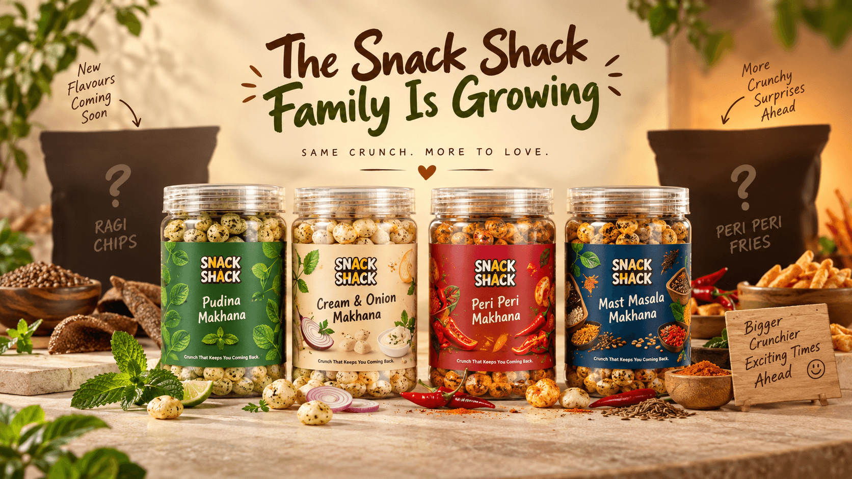 Campaign banner reading 'The Snack Shack Family Is Growing' with the four makhana jars and two silhouetted question marks for Ragi Chips and Peri Peri Fries.