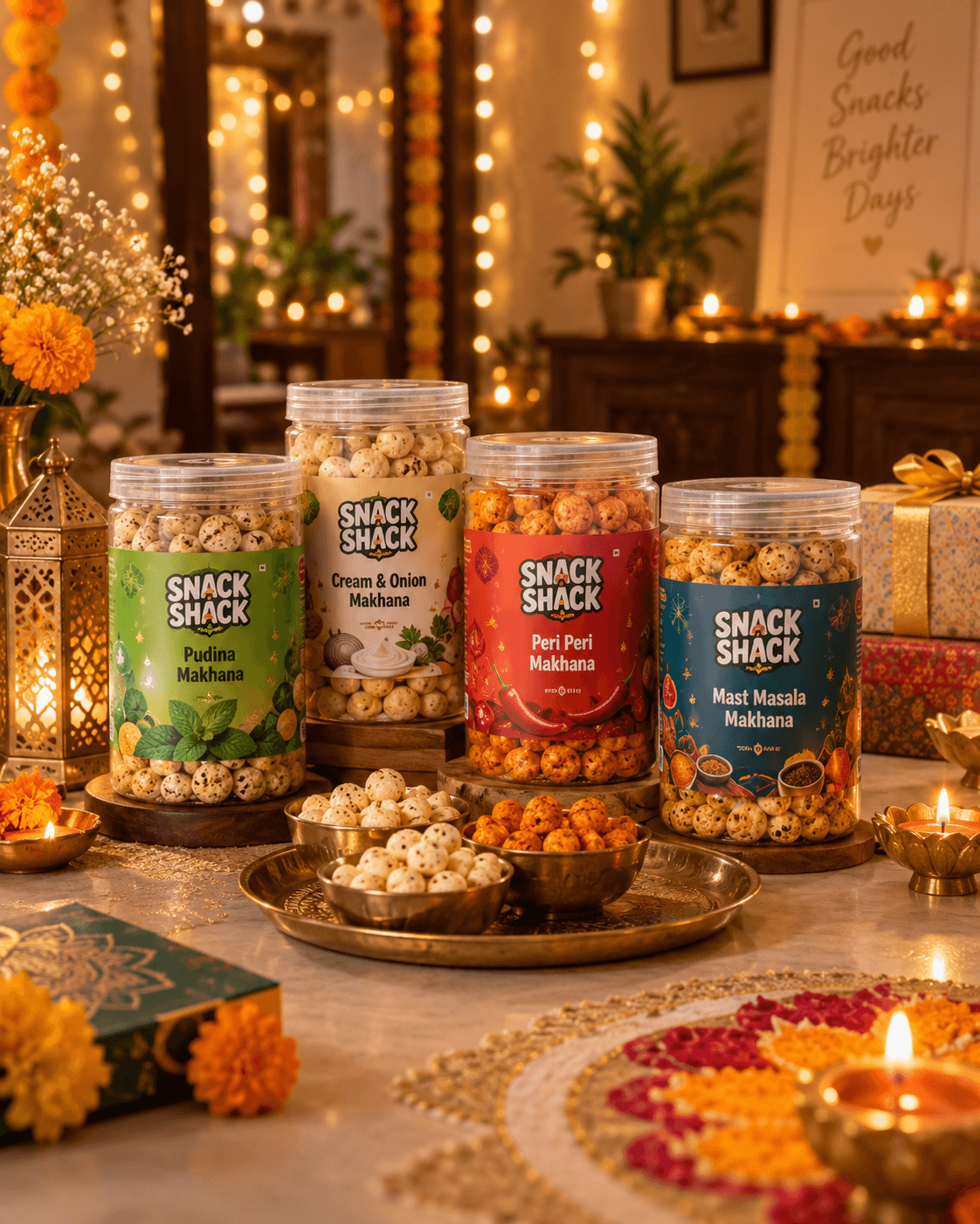 Diwali-themed still life: the four Snack Shack jars with lit diyas, a rangoli, marigolds and gift boxes.