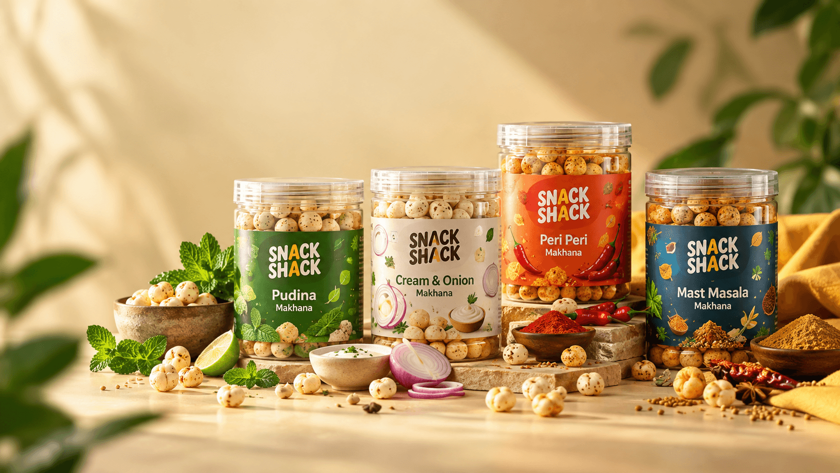 The four Snack Shack makhana jars — Pudina, Cream & Onion, Peri Peri and Mast Masala — arranged on a warm cream tabletop with fresh mint, red chillies and spices.