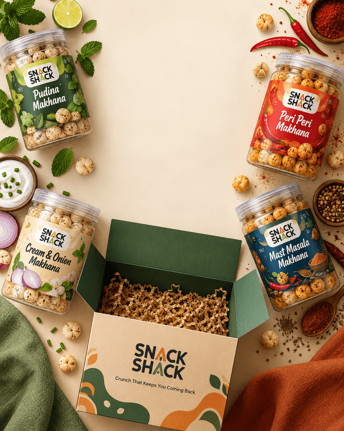 Flat-lay of an open Snack Shack gift box surrounded by all four makhana jars, herbs and spices.