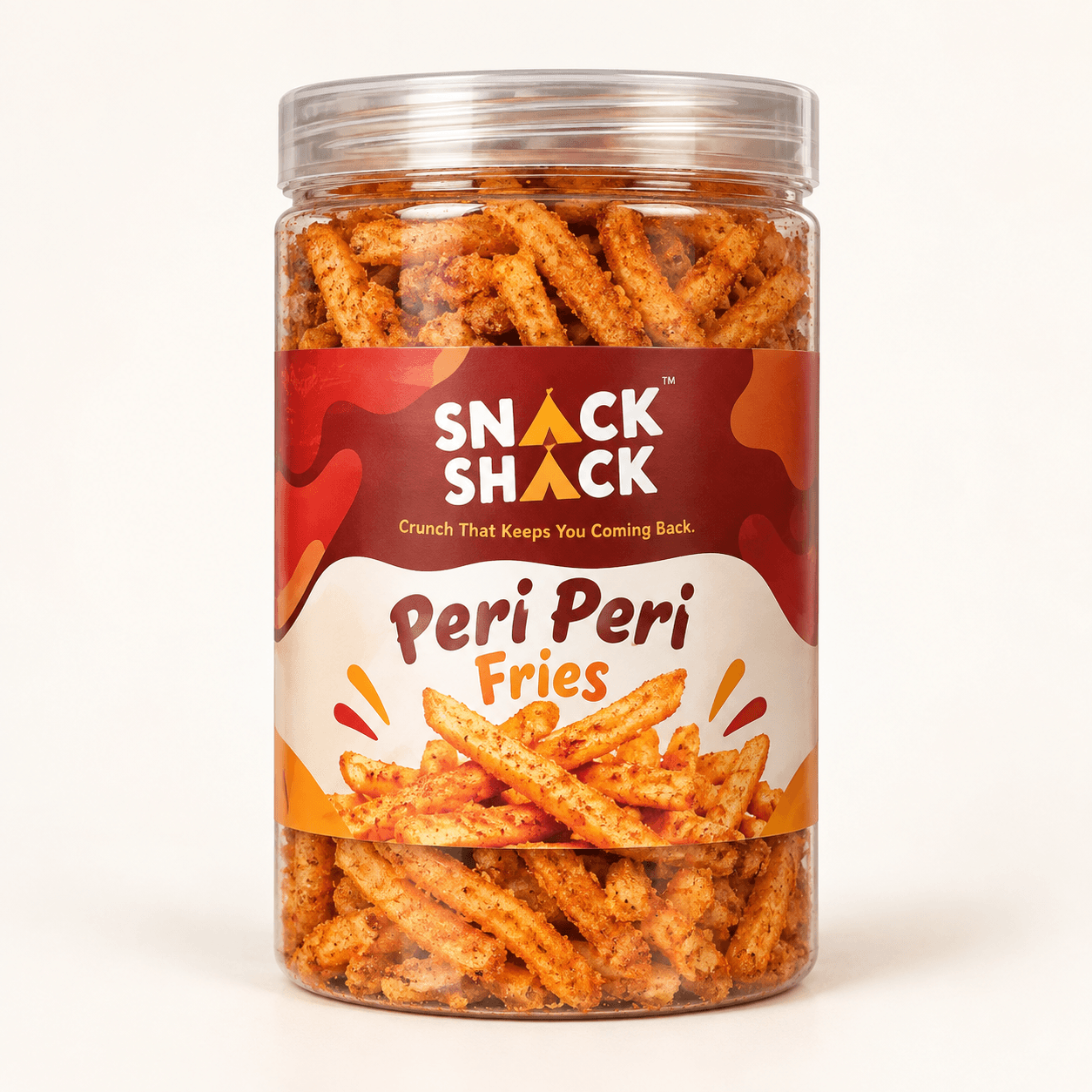 Concept jar for upcoming Snack Shack Peri Peri Fries — a transparent cylindrical jar of spiced fries on a plain cream background.