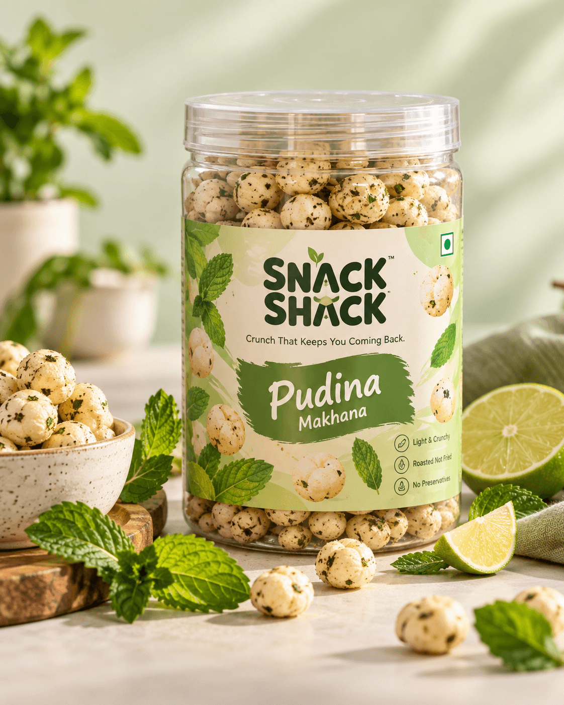 Snack Shack Pudina Makhana in a transparent plastic jar, styled with fresh mint leaves and lime on a pale green surface.