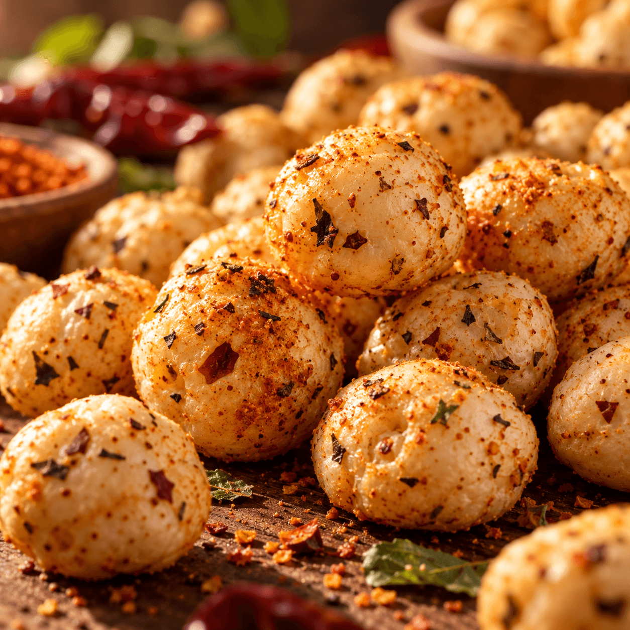 Extreme close-up of masala-coated makhana on a wooden board, spice flecks and dried chillies catching the light.
