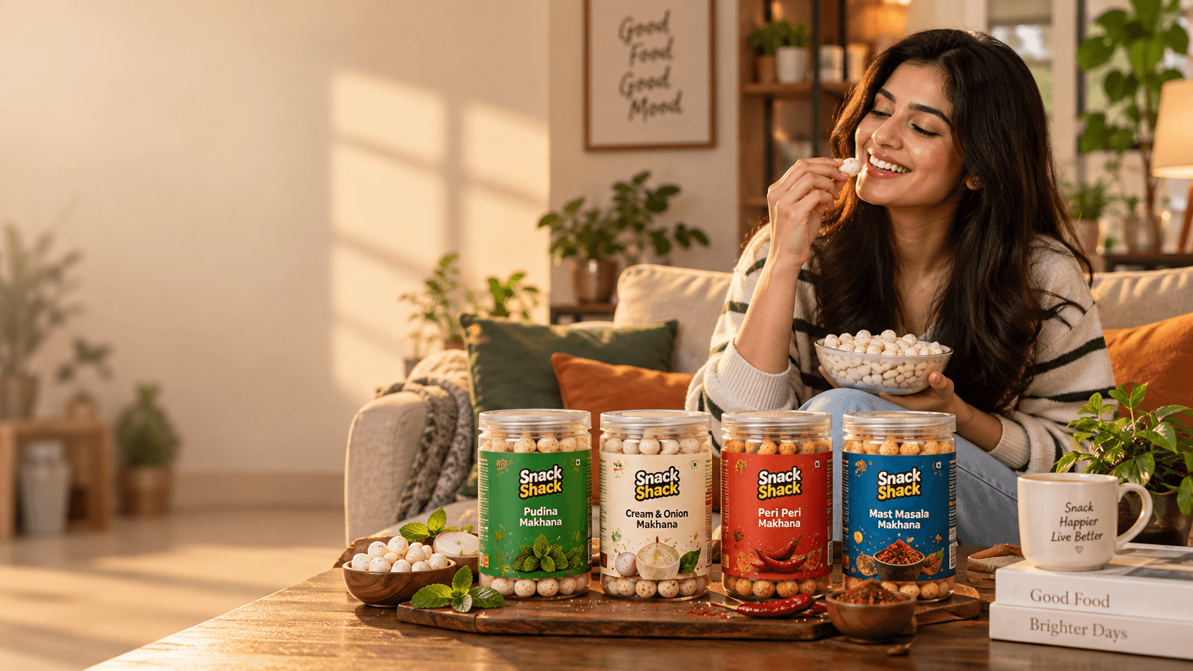 A woman relaxing on a sofa eating makhana from a bowl, with the four Snack Shack jars on the coffee table in front of her.