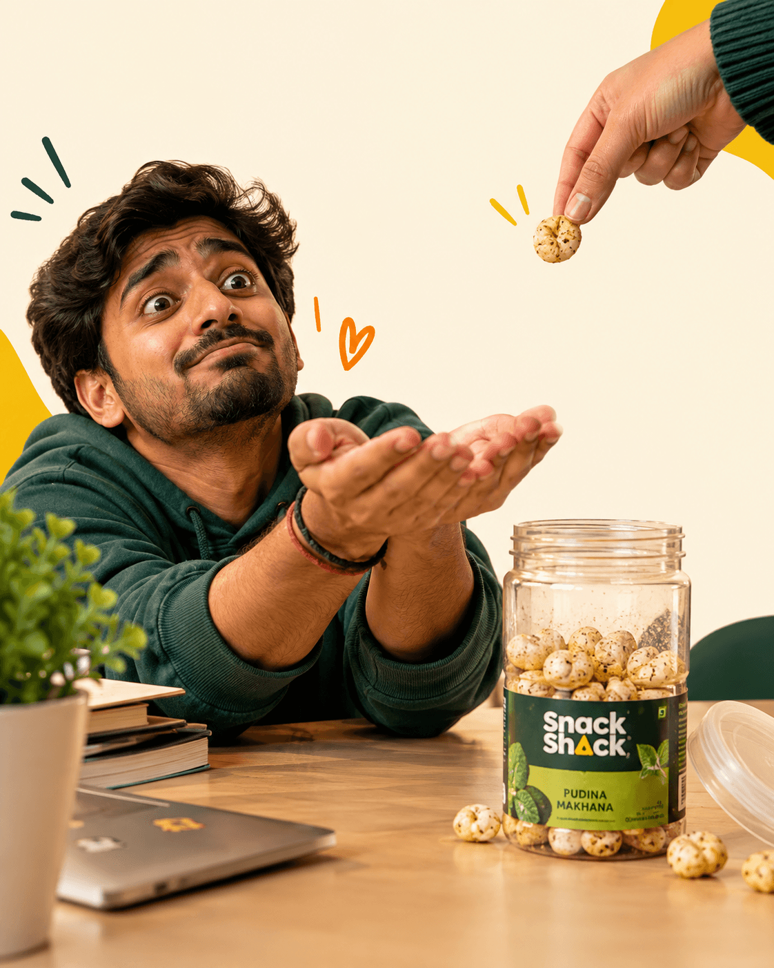 Playful social creative: a man cupping his hands as a single makhana is dropped towards him, with hand-drawn doodles around him.