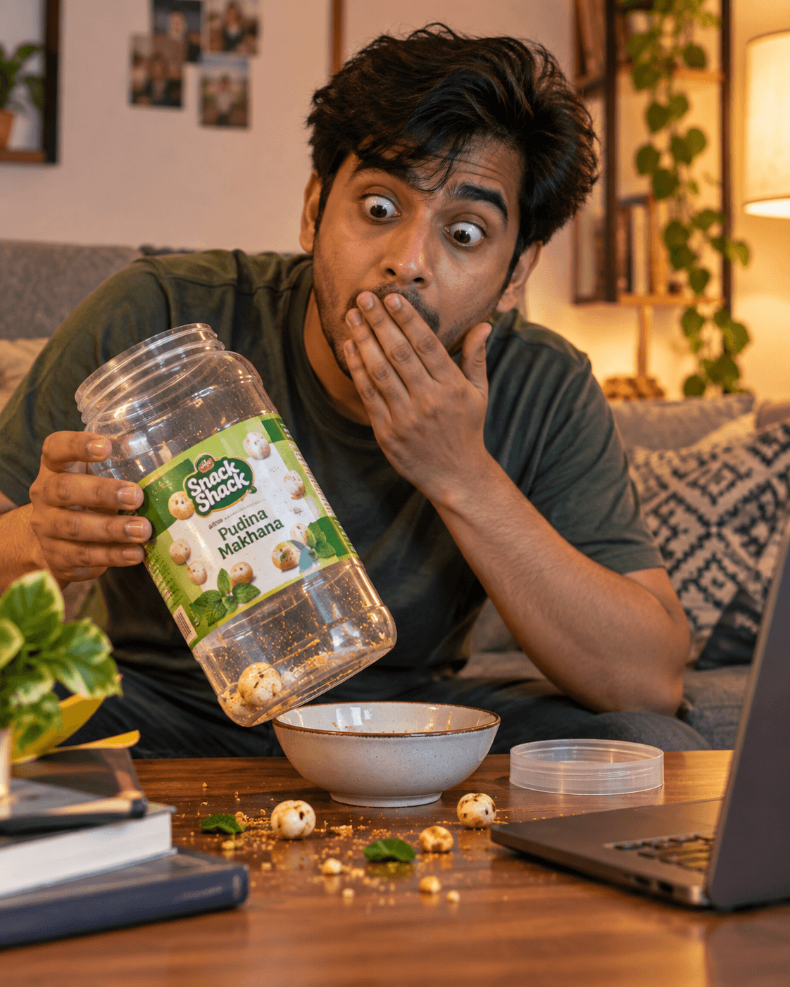 Playful social creative: a man looking shocked as he tips up an empty Snack Shack Pudina Makhana jar.