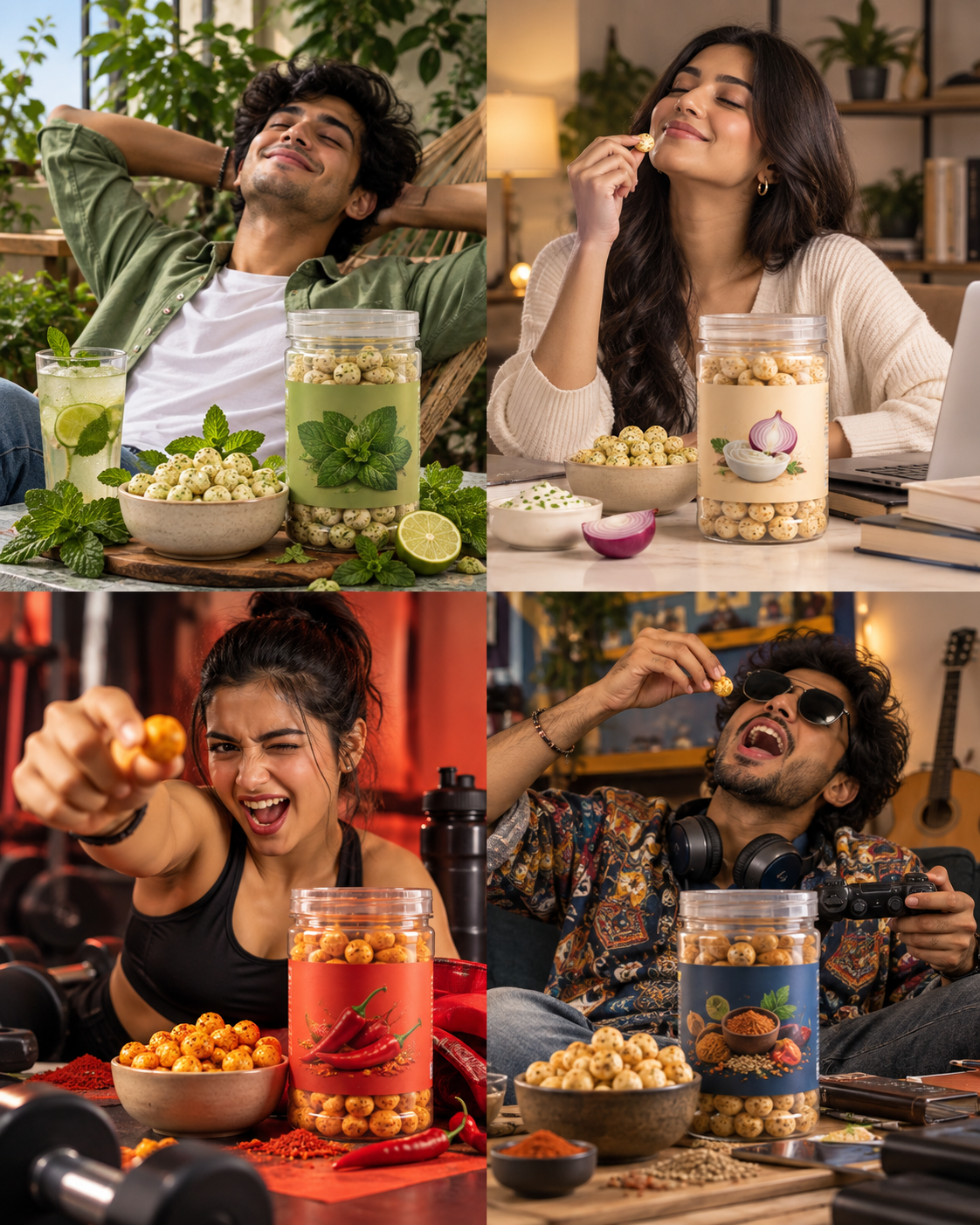 Four-panel collage of snack moods — relaxing, working, working out and gaming — each paired with a different Snack Shack flavour.