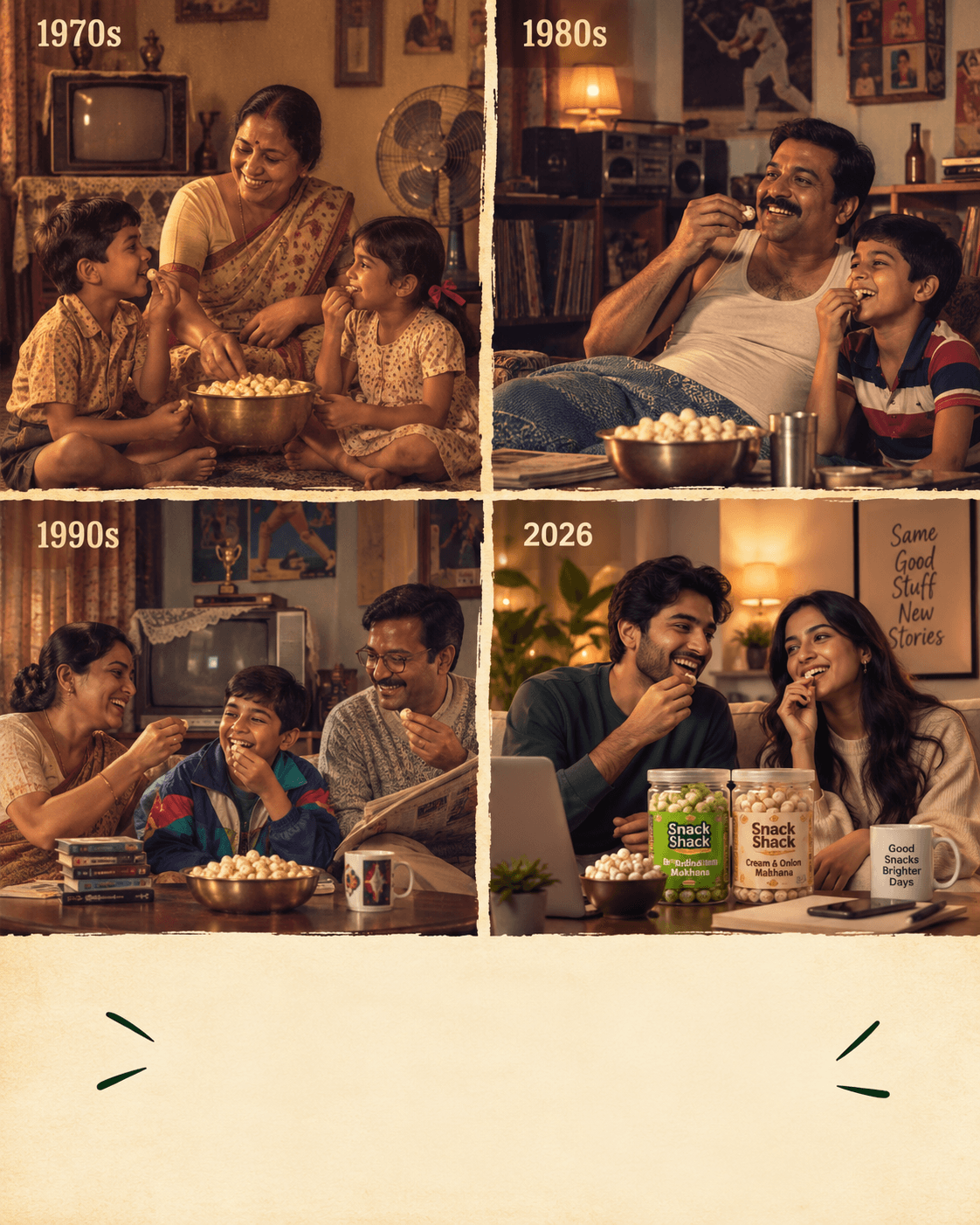 Nostalgia collage showing Indian families sharing makhana across the 1970s, 1980s, 1990s and today.
