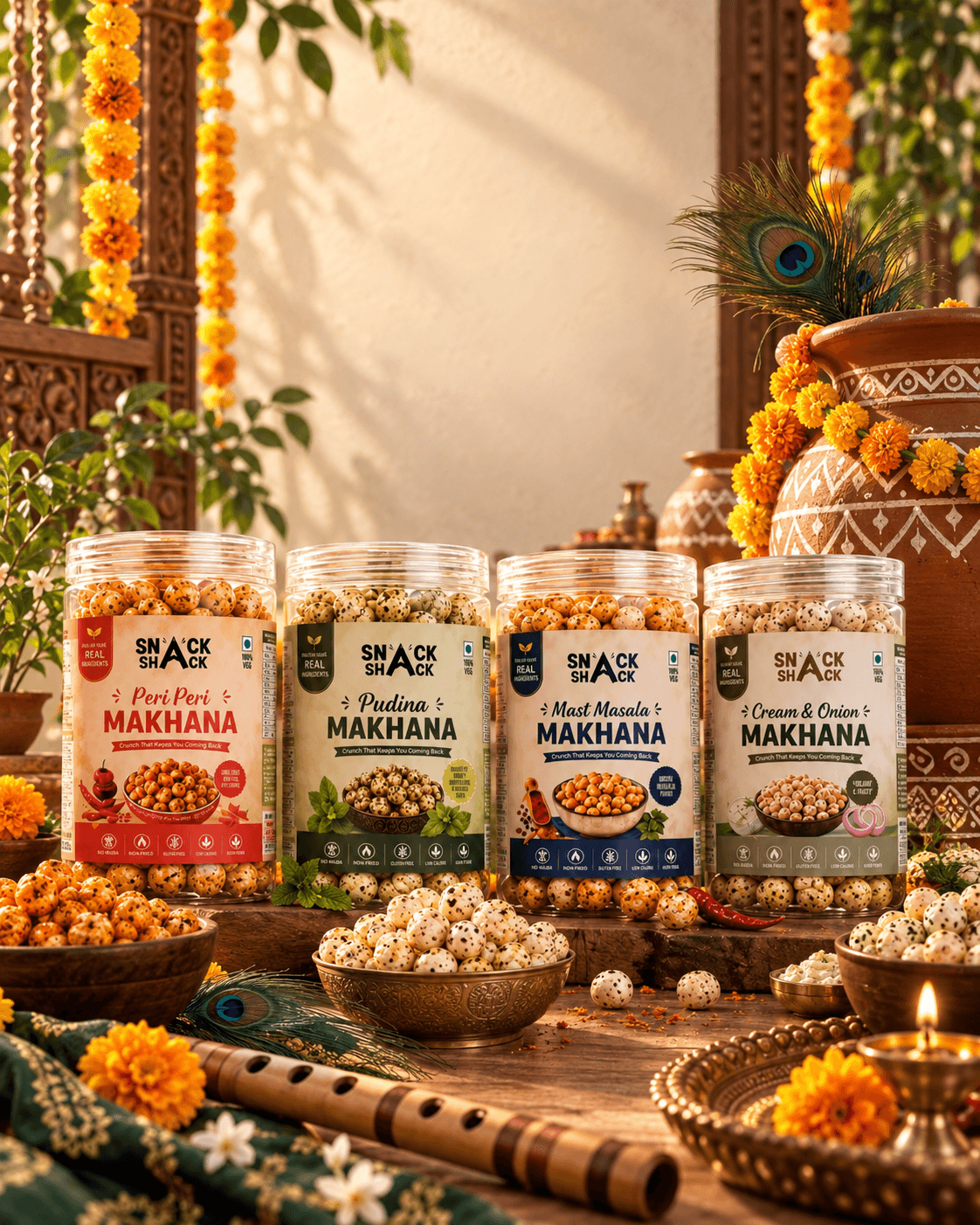 Janmashtami-themed still life: the four Snack Shack jars among marigolds, peacock feathers, a flute and earthen matkis.