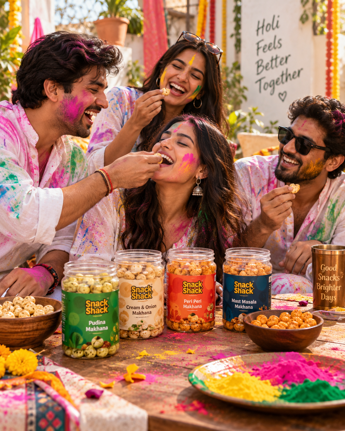 Holi celebration: friends covered in colour laughing and sharing Snack Shack makhana around a table of jars.