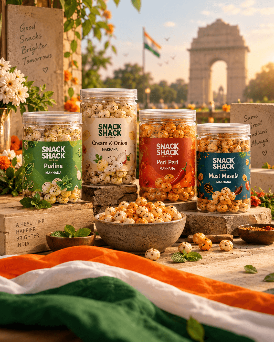 Independence Day themed still life: the four Snack Shack jars on stone steps with a tricolour drape and India Gate at sunrise.